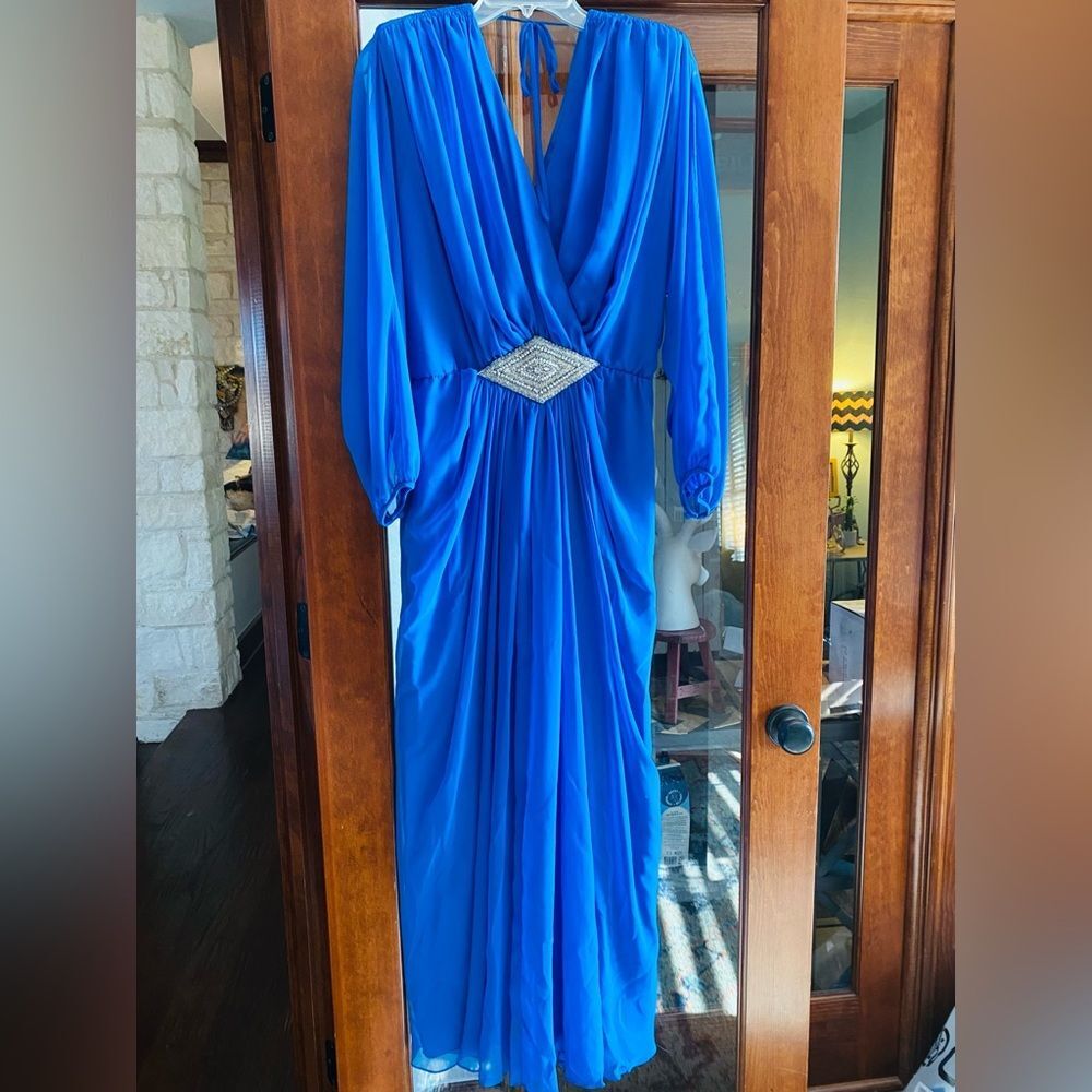 Vintage 80s Miss Elliette Blue Column Chiffon Maxi Dress Beaded Vintage Size 16